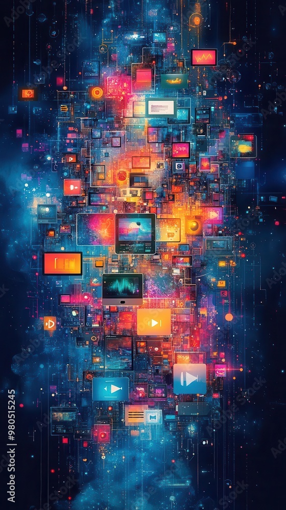 vibrant collage of streaming icons devices and content dynamic composition with floating screens play buttons and colorful media symbols on a deep blue digital backdrop vibrant collage of streaming icons devices and content dynamic composition with floating screens play buttons and colorful media symbols on a deep blue digital backdrop