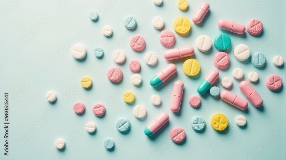 Diverse Array of Pills and Capsules Scattered in a Random Pattern, Pills Vary in Shape and Size on a Solid color Background Diverse Array of Pills and Capsules Scattered in a Random Pattern, Pills Vary in Shape and Size on a Solid color Background