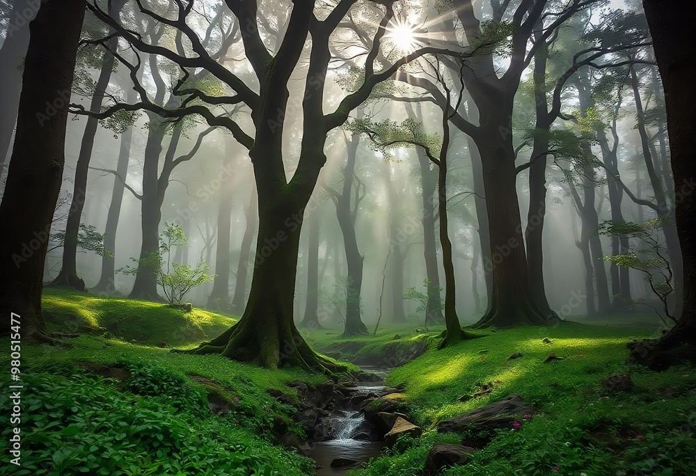 Naklejka premium Bosque con Niebla al Amanecer