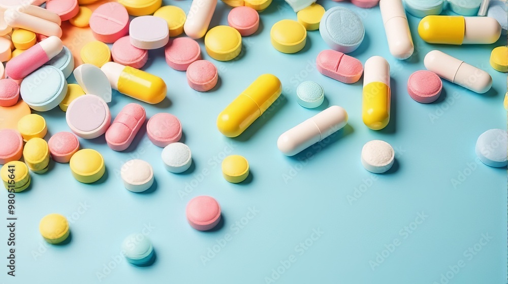 Diverse Array of Pills and Capsules Scattered in a Random Pattern, Pills Vary in Shape and Size on a Solid color Background Diverse Array of Pills and Capsules Scattered in a Random Pattern, Pills Vary in Shape and Size on a Solid color Background