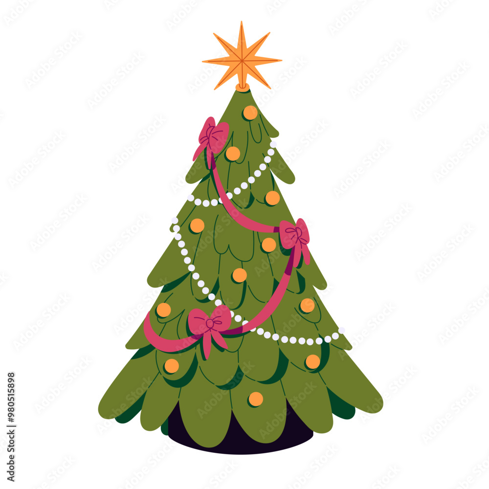 Traditional Christmas tree. Xmas fir, spruce, pine is decorated with star, garland, ribbon. New year firtree with balls. Winter holiday symbol. Flat isolated vector illustration on white background Traditional Christmas tree. Xmas fir, spruce, pine is decorated with star, garland, ribbon. New year firtree with balls. Winter holiday symbol. Flat isolated vector illustration on white background