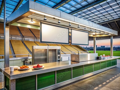 A sleek blank menu board suspended above a vibrant stadium concession stand awaits customization to display enticing food and beverage options for eager spectators. photo