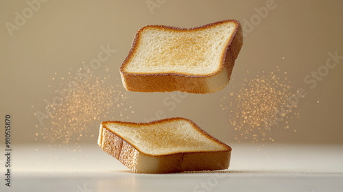 slices of toast standing up and floating in the air on beige background photo