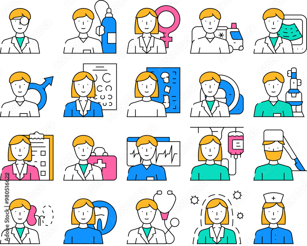 Medical Speciality Health Treat Icons Set Vector. Dentist And Oculist, Immunologist And Therapist, Gynecologist And Urologist Doctor Hospital Medical Speciality color Contour Illustrations Medical Speciality Health Treat Icons Set Vector. Dentist And Oculist, Immunologist And Therapist, Gynecologist And Urologist Doctor Hospital Medical Speciality color Contour Illustrations
