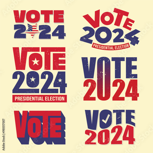 Vote 2024 typography logo set vector illustration. USA presidential election badge, sticker, tag, label design with stars and American flag. Red and blue text for Voting banner, poster, template.
