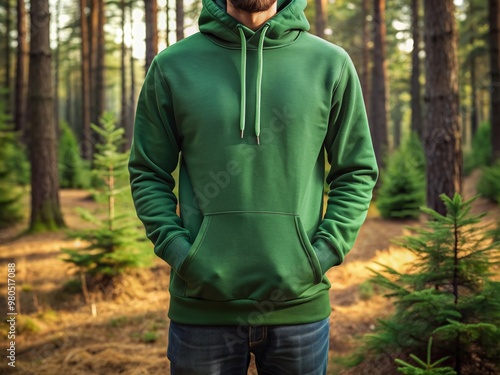 Fashion green spruce color hoodie mockup. Space for design, print and showcasing. Generate Ai.