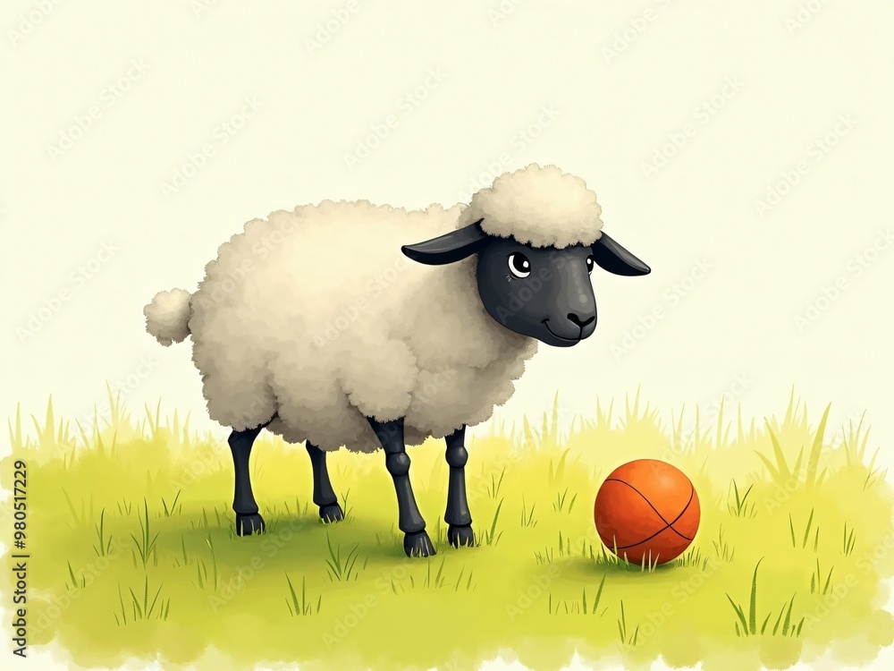 A cute sheep playing ball in a field of green grass, hand drawn cartoon illustration A cute sheep playing ball in a field of green grass, hand drawn cartoon illustration