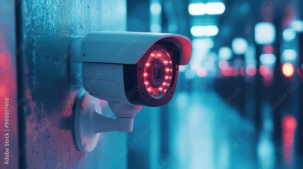 Security camera with infrared lights monitoring a dimly lit corridor Security camera with infrared lights monitoring a dimly lit corridor