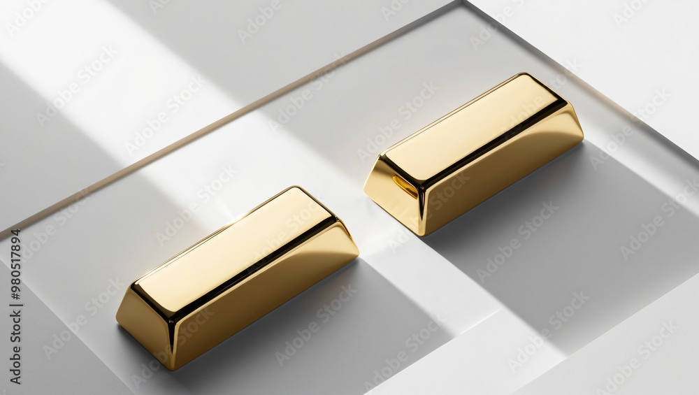 Elevated view of a stack of gold bars , Gold bars lined up, top view Elevated view of a stack of gold bars , Gold bars lined up, top view