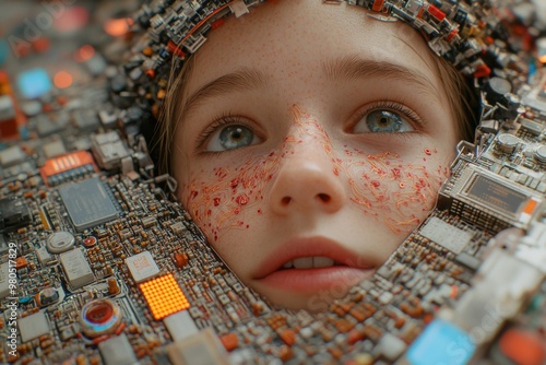 Close up of a young child with robotic enhancements on the face symbolizing early human robot integration and the future of augmented human capabilities through artificial intelligence photo