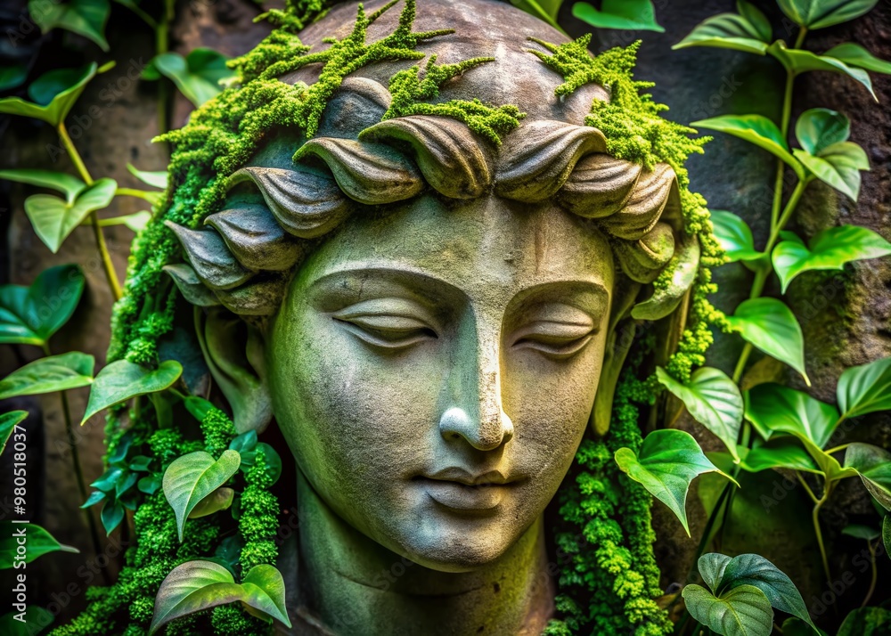 Obraz premium Vibrant green plants envelop a serene stone statue's face, blending organic elegance with ancient artistry, contrasting textures and colors in a visually striking composition.