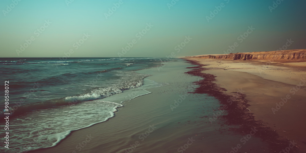 Obraz premium Serene Coastal Beach with Gentle Waves and Sandy Shoreline at Sunset