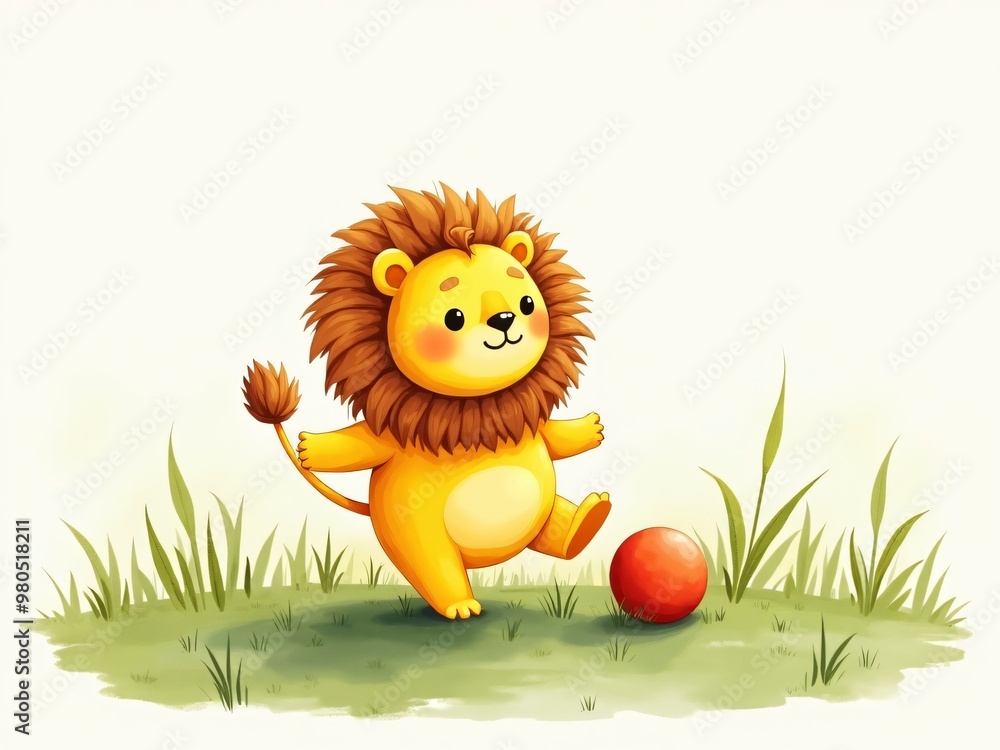 A cute lion playing ball in a field of green grass, hand drawn cartoon illustration A cute lion playing ball in a field of green grass, hand drawn cartoon illustration