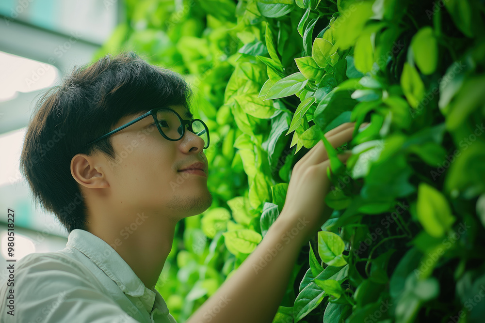 Young man engaging with indoor green wall displaying modern eco friendly decor Young man engaging with indoor green wall displaying modern eco friendly decor