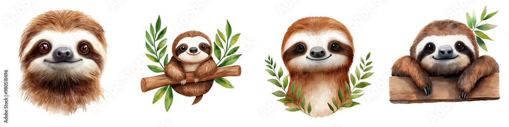Obraz premium Cute cartoon sloths with leaves, sitting in various poses. Ideal for nature, wildlife, and animal-themed stock photo collections.