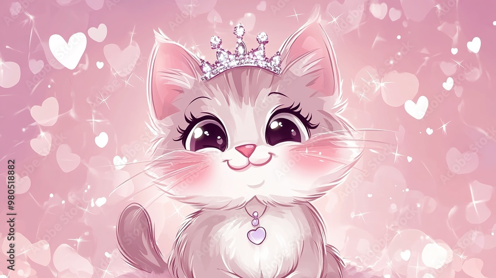 An adorable kitten with a playful smile, wearing a small crown and surrounded by sparkles and hearts in a delightful kawaii style. This charming illustration captures the essence of cuteness and joy, An adorable kitten with a playful smile, wearing a small crown and surrounded by sparkles and hearts in a delightful kawaii style. This charming illustration captures the essence of cuteness and joy,
