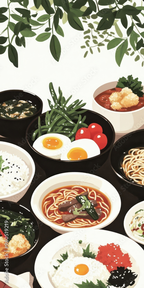 Delicious Asian cuisine illustration with variety of dishes and vibrant greens Delicious Asian cuisine illustration with variety of dishes and vibrant greens
