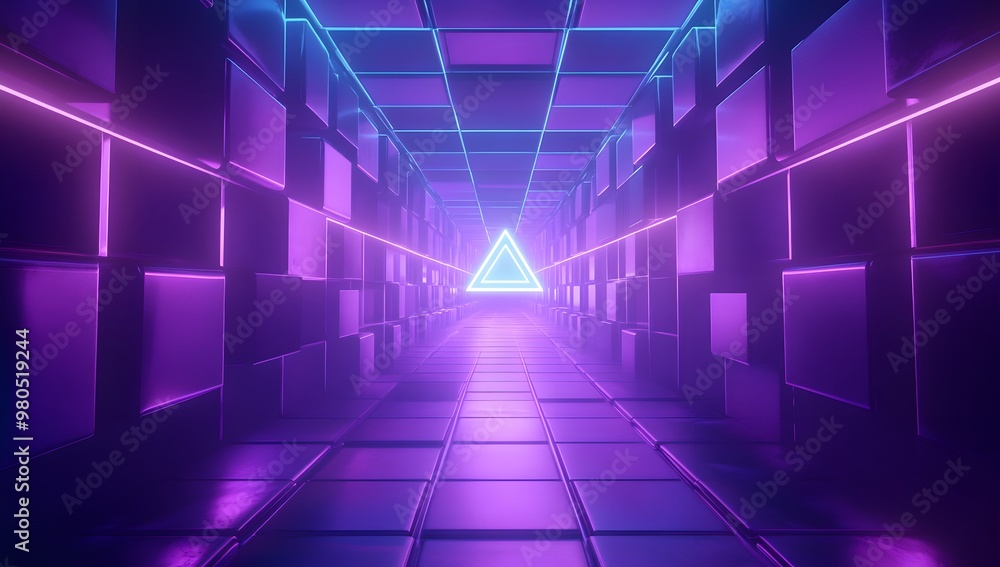 Fototapeta premium A futuristic, geometric abstract background with neon lights tunnel in shades of purple and blue. 
