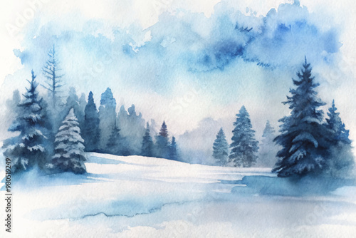 A painting of a snowy forest with trees and a blue sky