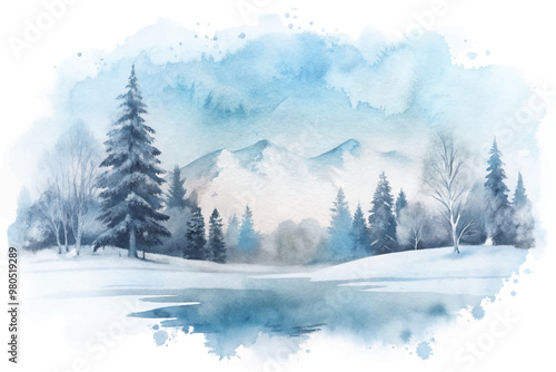 A painting of a snowy landscape with a tree in the foreground