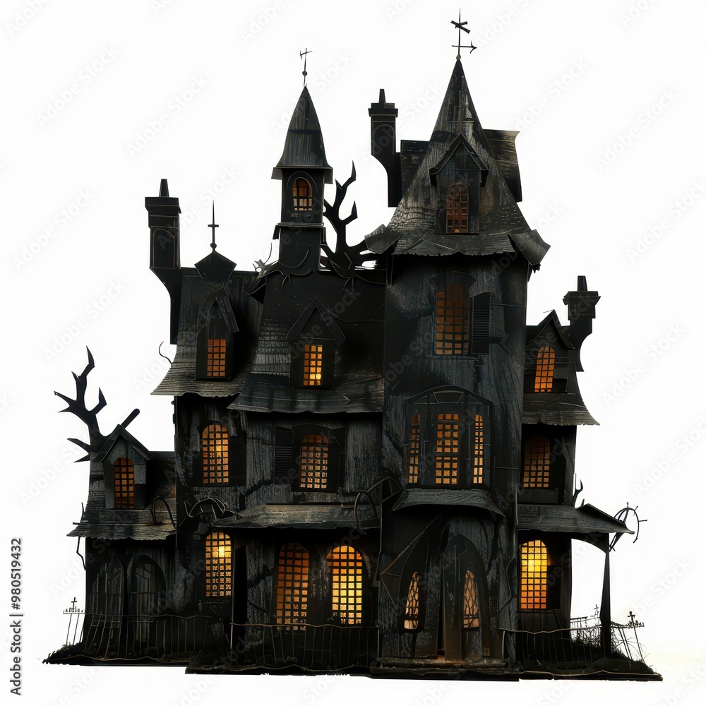 Haunted house silhouette, spooky mansion with jagged edges, old and decrepit, isolated on a white background. Haunted house silhouette, spooky mansion with jagged edges, old and decrepit, isolated on a white background.