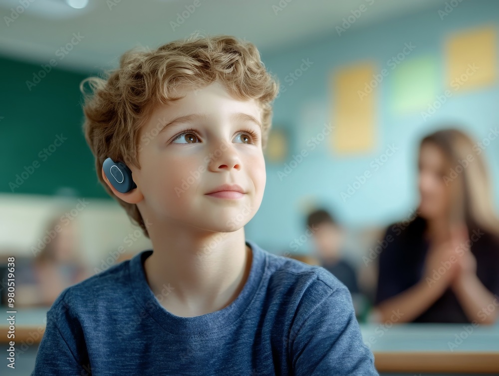 A young child with a hearing aid concentrates on a teacher who ...