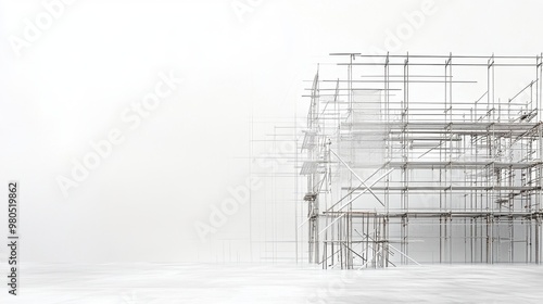 White background with detailed house construction elements showing scaffolding and foundational structures photo