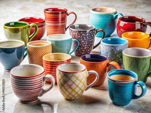 Vibrant assortment of uniquely designed coffee mugs in diverse shapes, sizes, and hues arranged artfully on a pristine white stone table, evoking warmth and invitation. photo