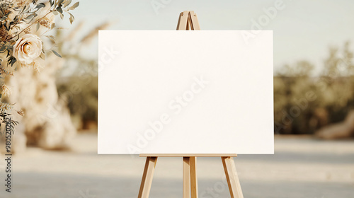 A mockup of an empty, blank wedding welcome sign measuring 36 x 24 inches, elegantly placed on an easel outdoors. The background features an airy and light wedding scene, with soft neutral tones of