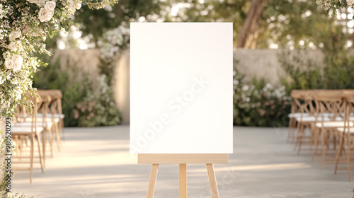 A blank wedding welcome sign mockup set on a 36 x 24 inch easel, surrounded by a neutral color palette of beige, cream, white, and grey. The outdoor scene is softly lit, with the wedding ceremony
