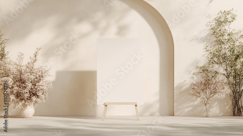 A blank wedding welcome sign mockup set on a 36 x 24 inch easel, surrounded by a neutral color palette of beige, cream, white, and grey. The outdoor scene is softly lit, with the wedding ceremony