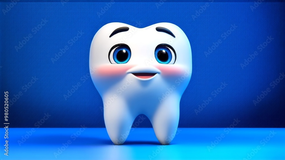 A white tooth with a child's face with red cheeks A white tooth with a child's face with red cheeks