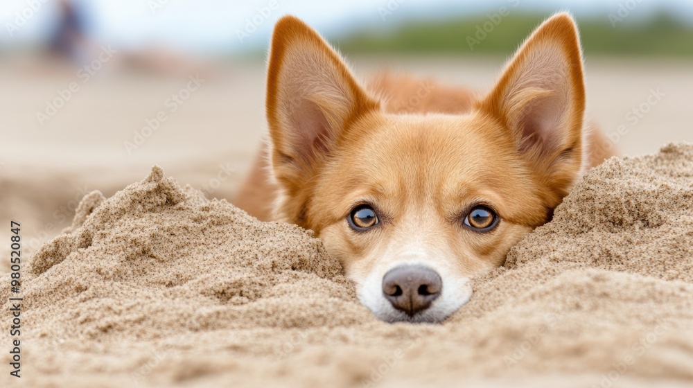 A dog laying in the sand with its head sticking out, AI A dog laying in the sand with its head sticking out, AI
