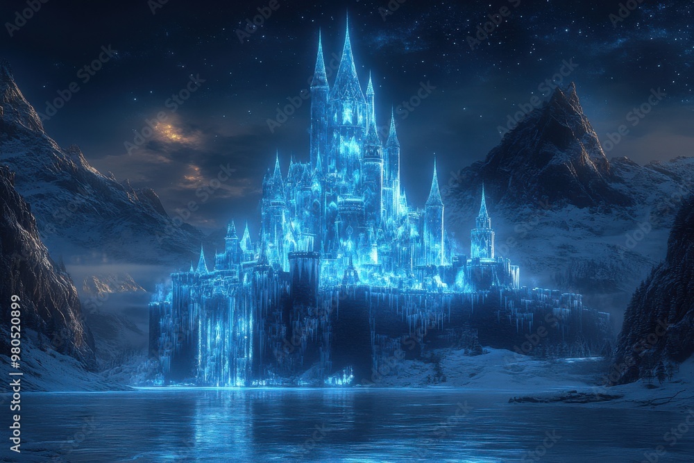 Obraz premium A castle made of ice and snow is lit up in the night sky