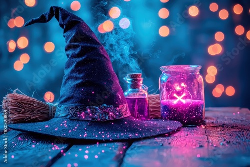 Magical witch's hat and potion jars with glowing lights, Halloween concept