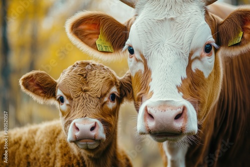 Brown cow and calf posing on farm photo