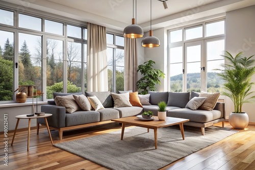 Minimalist chic Scandinavian living room with sleek gray sofa, natural wood accents, and airy floor-to-ceiling windows filling the space with warm, inviting light.