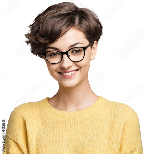 portrait of a smiling woman with short hair wearing glasses in yellow sweater isolated on transparent background