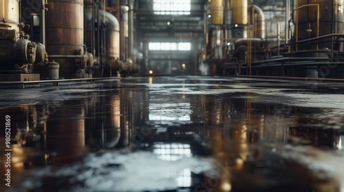 Industrial Factory Interior with Reflections on Wet Floor, Large Machinery, and Pipes in a Dimly Lit Setting