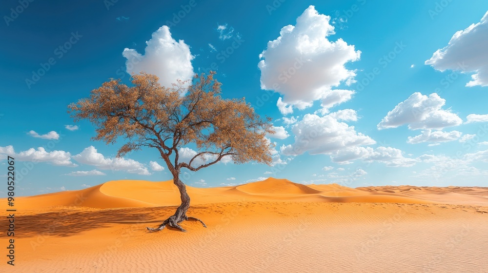 Lonely tree growing on sand dune under blue sky Lonely tree growing on sand dune under blue sky