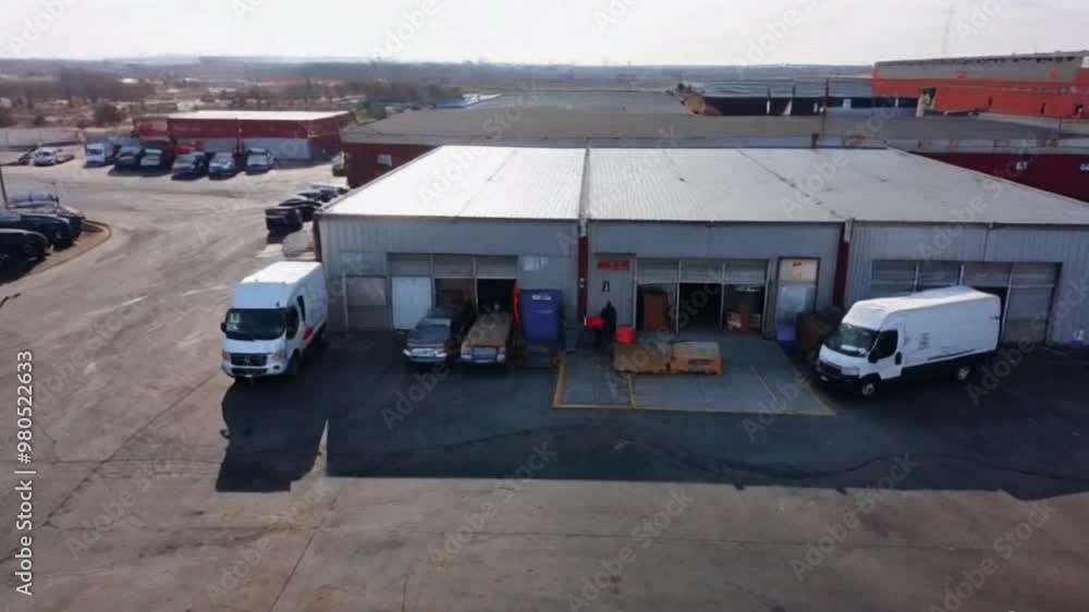 Aerial view of a warehouse with two vans parked in front and several cars parked in the distance. Aerial view of a warehouse with two vans parked in front and several cars parked in the distance.
