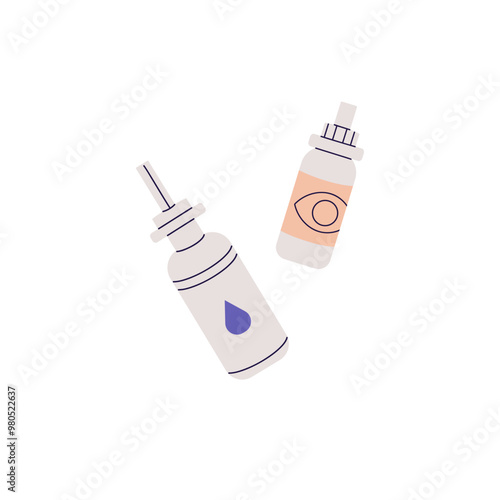 Bottle of eye drops. Pack of nasal spray. Containers with medical drugs. Plastic jars with remedy for nose, vision. Healthcare, medicaments. Flat isolated vector illustration on white background