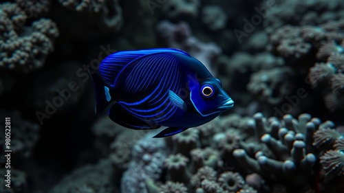 A vibrant blue tang swims lazily near coral, its bright yellow tail and dorsal fin distinguished by striking