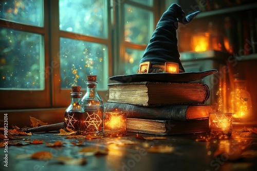 Magical witch's lair with spell books, potion bottles, and a witch's hat on a wooden table