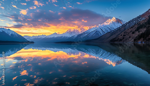 Peaceful Lake Ranwu, Sunrise Reflects on Mountains, Natural Beauty Abounds. photo