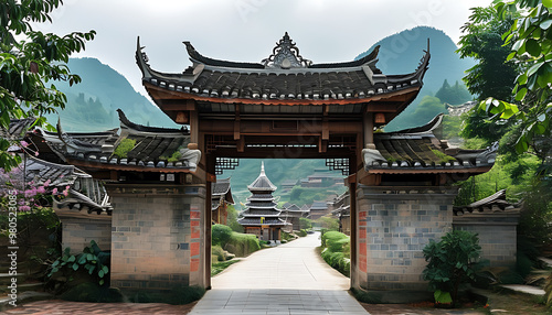 Gateway and Drum Tower Reflecting the Charm of Rural黔东南州