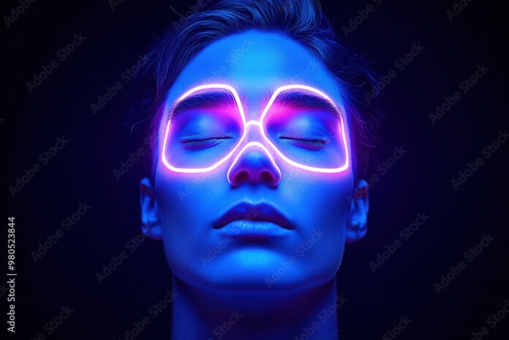 A serene portrait featuring a woman with glowing neon glasses, evoking a futuristic and vibrant aesthetic. A serene portrait featuring a woman with glowing neon glasses, evoking a futuristic and vibrant aesthetic.