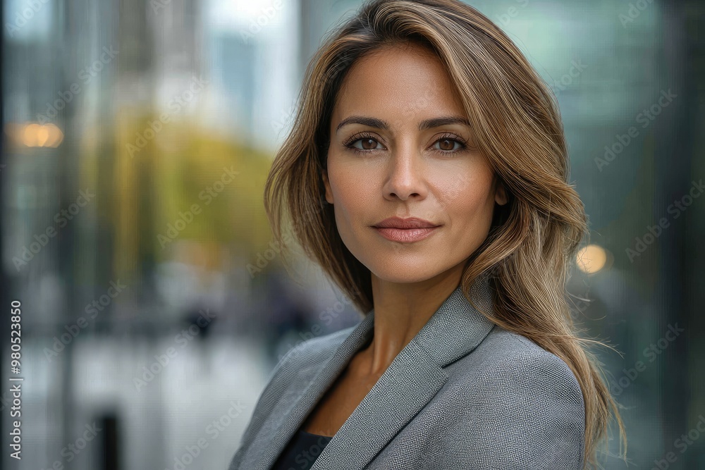 Confident businesswoman smiling in city setting Confident businesswoman smiling in city setting