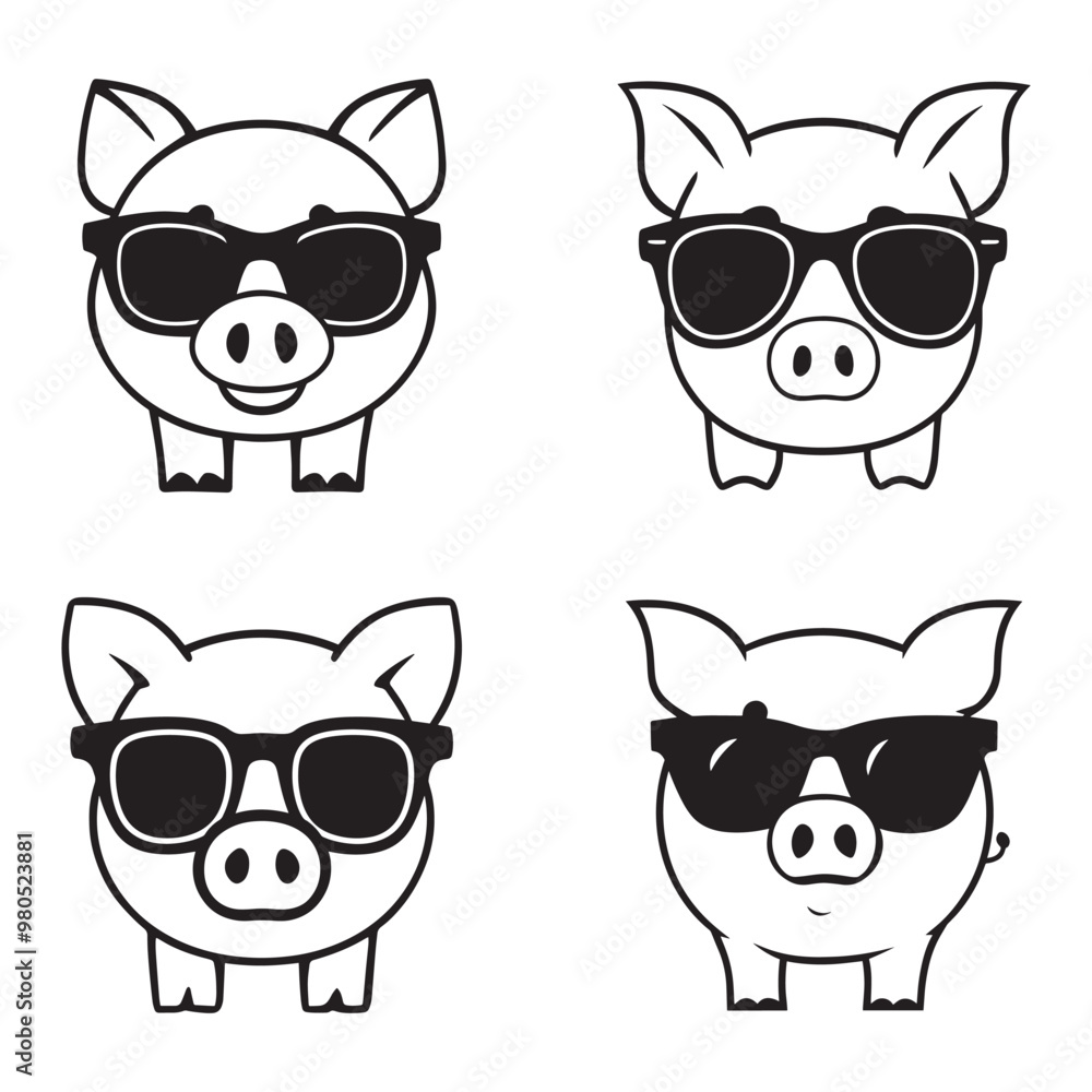 Fototapeta premium Pig wear a sunglass silhouette set black color vector illustration