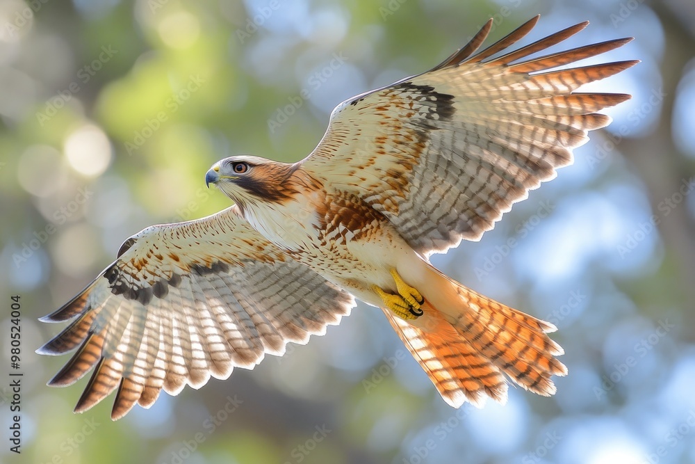 Fototapeta premium Red-tailed hawk flying with spread wings in nature